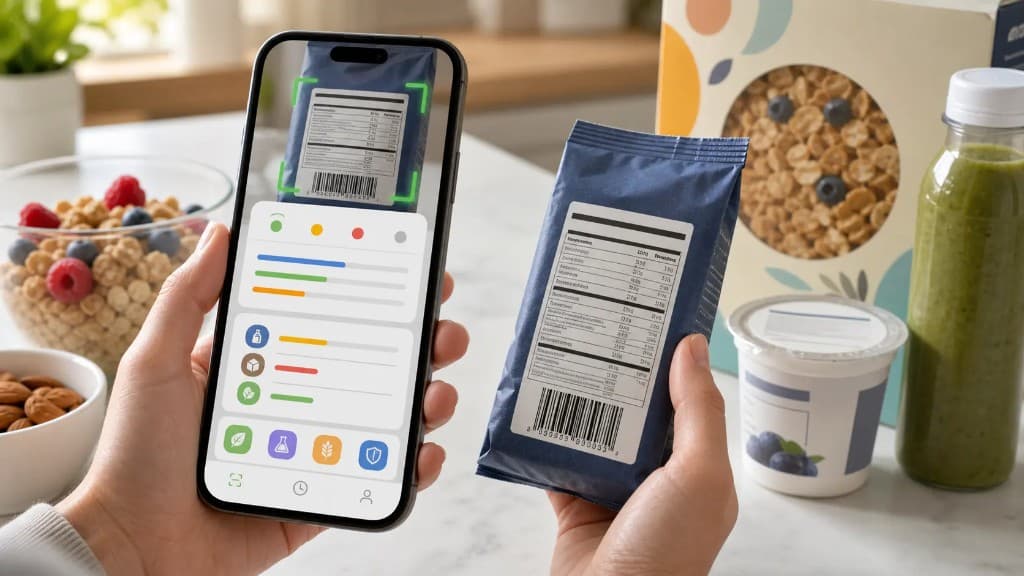 Smartphone scant een barcode op een verpakking, met voedingswaarden op het scherm en gezond eten op het aanrecht