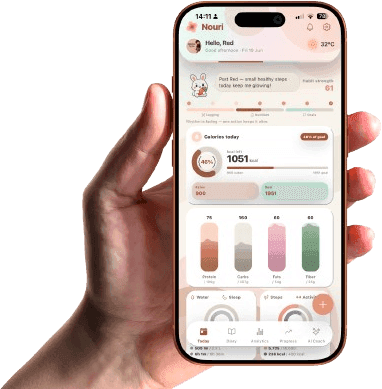 Hand holding an iPhone with the Nouri nutrition app dashboard